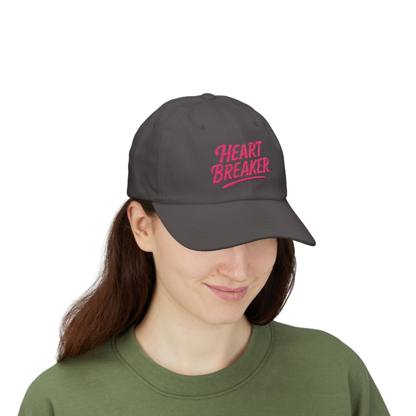 Heartbreaker Embroidered Classic Dad Hat – Bold Baseball Hat with Retro Script and Broken Heart Design for Confident Rule-Breakers. Pink Letters