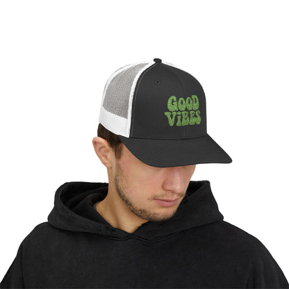Good Vibes Trucker Hat – Embroidered Retro Text Hat for Positive Vibes, Chill Style, and Everyday Feel-Good Energy. Green Letters