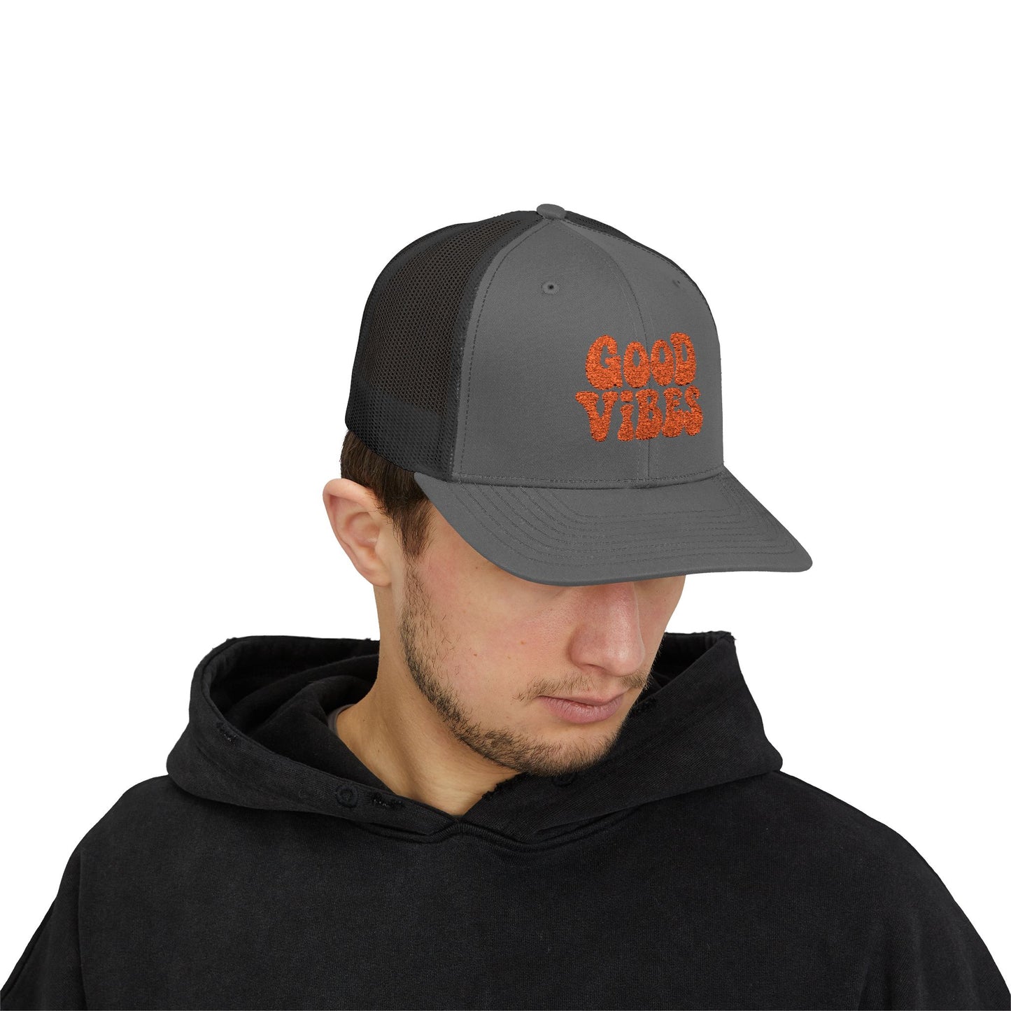 Good Vibes Trucker Hat – Embroidered Retro Text Hat for Positive Vibes, Chill Style, and Everyday Feel-Good Energy. Orange Letters