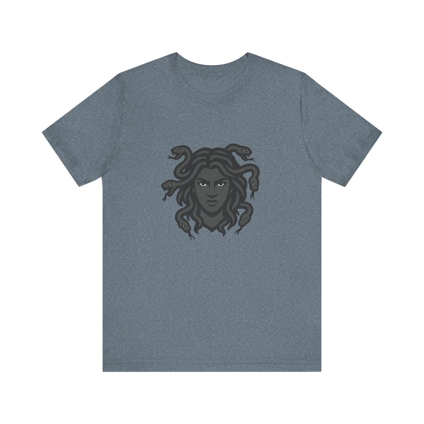 Medusa Graphic T-Shirt – Dark Theme Grayscale Snake-Haired Gorgon Design on Black Tee with Dark Myth Vibe and Modern Ghost Effect. Unisex Jersey Short Sleeve Tee