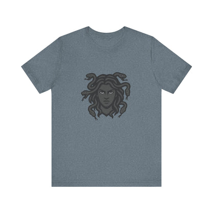 Medusa Graphic T-Shirt – Dark Theme Grayscale Snake-Haired Gorgon Design on Black Tee with Dark Myth Vibe and Modern Ghost Effect. Unisex Jersey Short Sleeve Tee