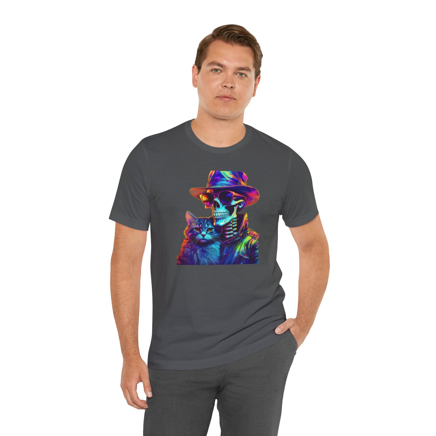 Cool Skeleton and Cat Halloween Shirt – Neon Retro Horror Graphic Tee for Spooky Style and Cat Lovers