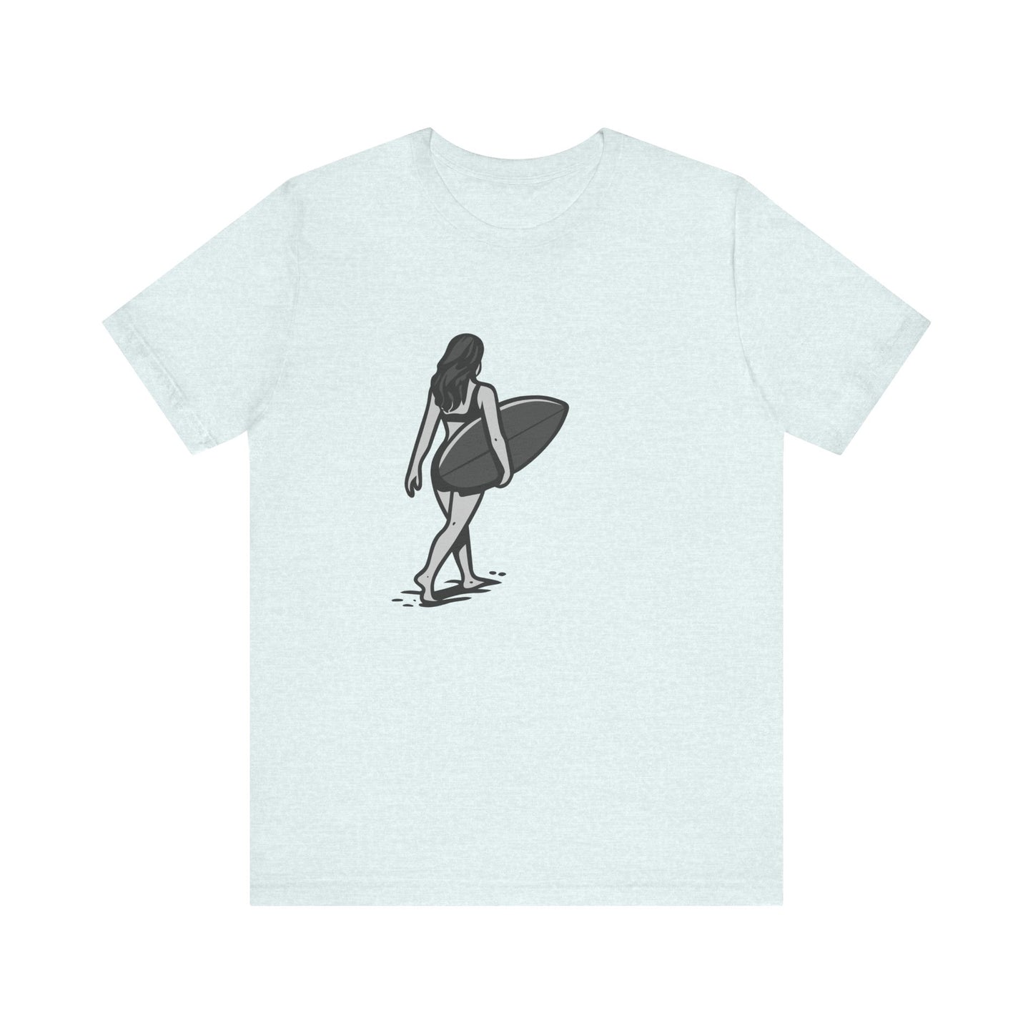 Surfer Girl Walking Graphic T-Shirt – Dark Theme Grayscale Beach Scene on Black Tee with Coastal Calm and Modern Ghost Effect. Unisex Jersey Short Sleeve Tee