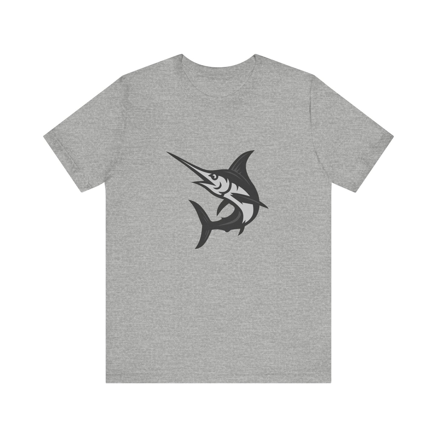 Swordfish Graphic T-Shirt – Dark Theme Grayscale Ocean Predator Design on Black Tee with Streamlined Power and Modern Ghost Effect. Unisex Jersey Short Sleeve Tee