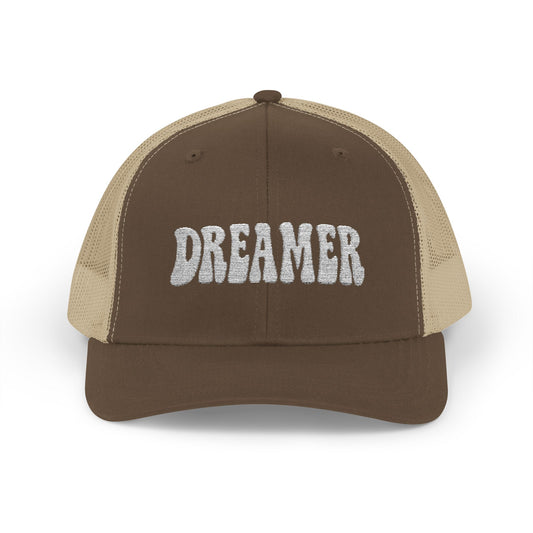 Dreamer Trucker Hat – Embroidered Minimalist Script Hat for Visionaries, Creatives, and Chill Daydreamers. White Letters