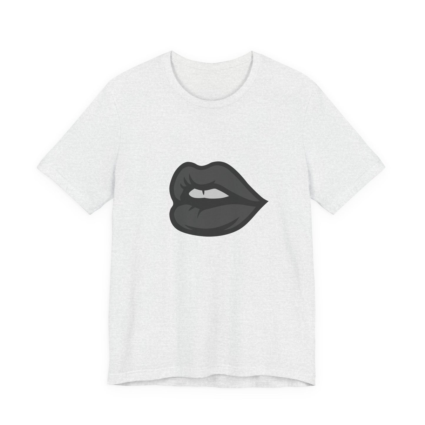 Dark Lips Graphic T-Shirt – Dark Theme Grayscale Biting Lip Design on Black Tee with Subtle Seduction and Modern Ghost Effect. Unisex Jersey Short Sleeve Tee
