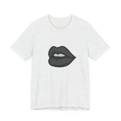 Dark Lips Graphic T-Shirt – Dark Theme Grayscale Biting Lip Design on Black Tee with Subtle Seduction and Modern Ghost Effect. Unisex Jersey Short Sleeve Tee