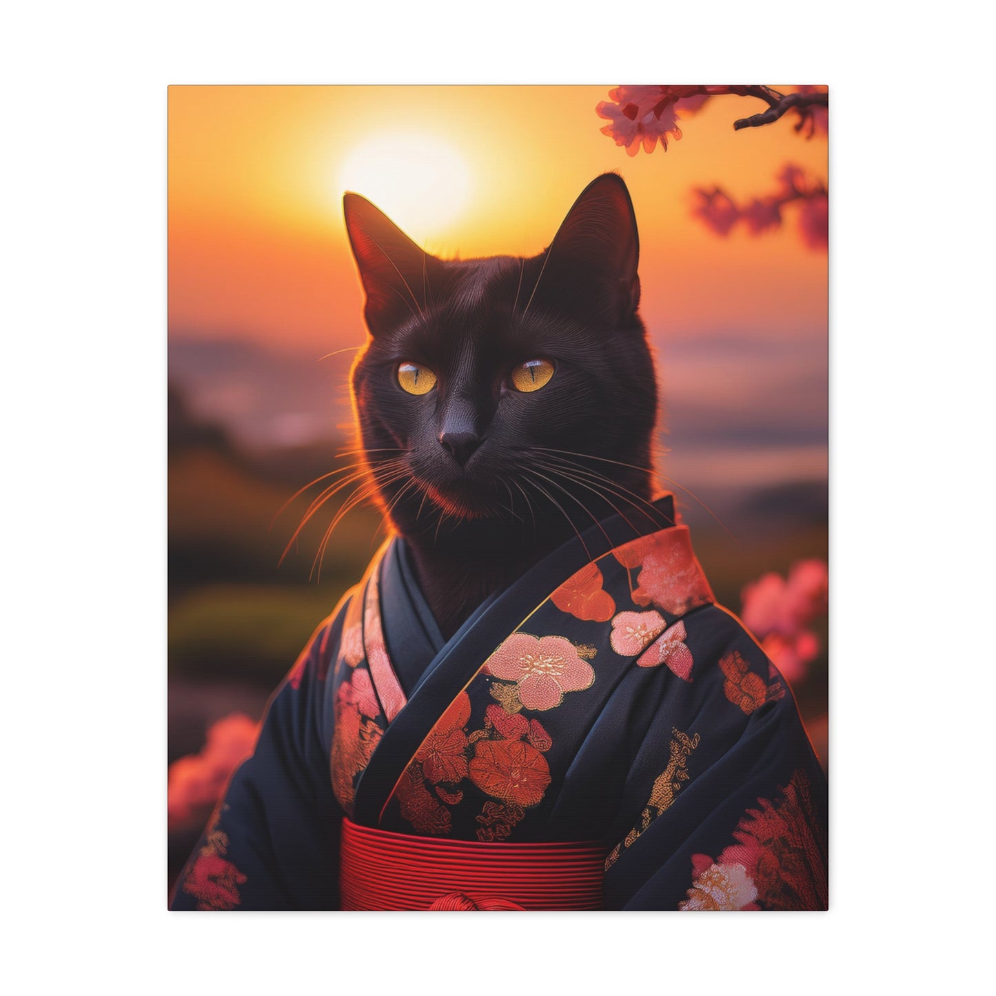 Zen Whiskers: Geisha Cat at Sunset Canvas Art | Stretched Matte Wall Decor 001