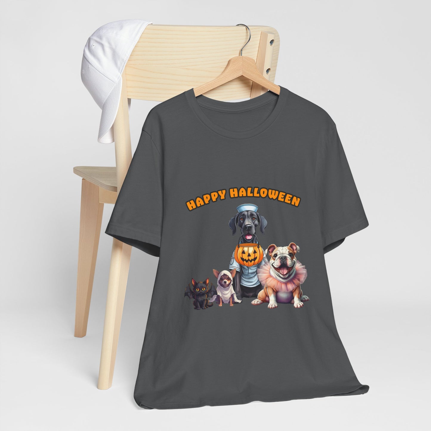 Happy Halloween Pet Parade Shirt – Cute Halloween Dogs and Cat in Costumes. Unisex Jersey Short Sleeve Tee
