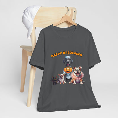 Happy Halloween Pet Parade Shirt – Cute Halloween Dogs and Cat in Costumes. Unisex Jersey Short Sleeve Tee