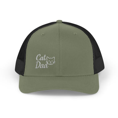 Cat Dad Trucker Hat – Embroidered Minimalist Cat Face Hat for Proud Pet Dads and Feline Fans. White Letters