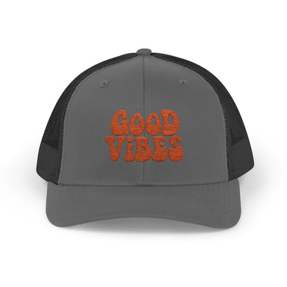 Good Vibes Trucker Hat – Embroidered Retro Text Hat for Positive Vibes, Chill Style, and Everyday Feel-Good Energy. Orange Letters