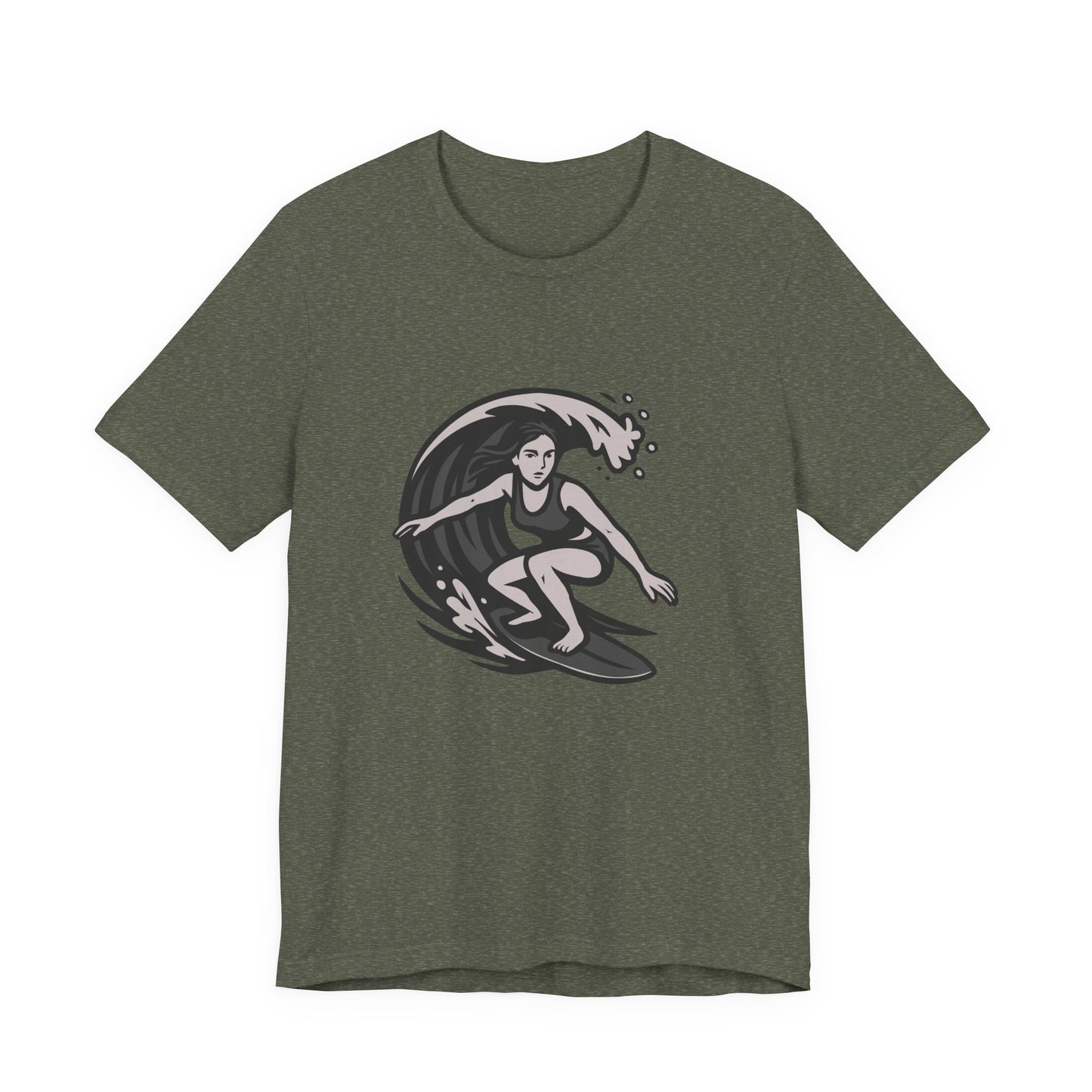 Surf Girl Graphic T-Shirt – Dark Theme Grayscale Female Surfer Riding Wave on Black Tee with Flow State Energy and Modern Ghost Effect. Unisex Jersey Short Sleeve Tee