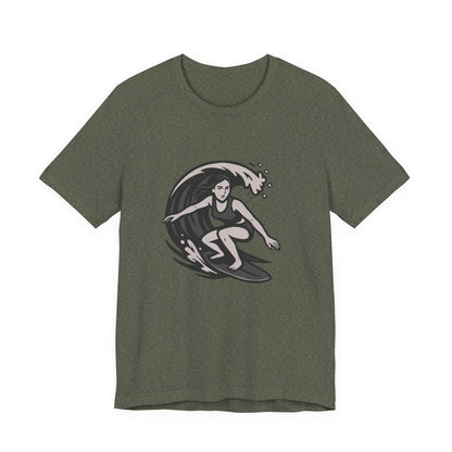 Surf Girl Graphic T-Shirt – Dark Theme Grayscale Female Surfer Riding Wave on Black Tee with Flow State Energy and Modern Ghost Effect. Unisex Jersey Short Sleeve Tee