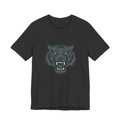 Tiger Head Graphic T-Shirt – Dark Theme Grayscale Roaring Beast Design on Black Tee with Fierce Focus and Modern Ghost Effect. Unisex Jersey Short Sleeve Tee