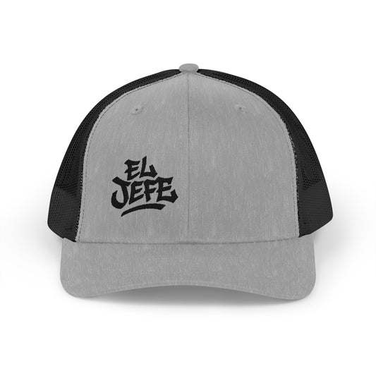 El Jefe Trucker Hat – Embroidered Bold Text Hat for Boss Energy, Leadership Style, and Latin Flair. Black Letters