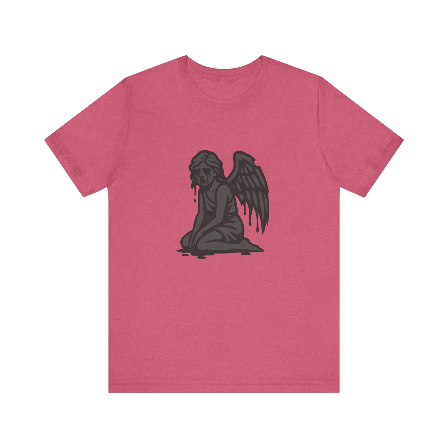 Fallen Angel Dark Theme Graphic T-Shirt – Dark Grayscale Crying Angel Design on Black Tee with Gothic Mood and Modern Ghost Effect. Unisex Jersey Short Sleeve Tee
