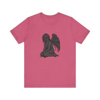 Fallen Angel Dark Theme Graphic T-Shirt – Dark Grayscale Crying Angel Design on Black Tee with Gothic Mood and Modern Ghost Effect. Unisex Jersey Short Sleeve Tee