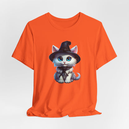Adorable Witch Cat Halloween Shirt – Cute White Cat in Hat Graphic Tee for Cat Lovers and Halloween Fans