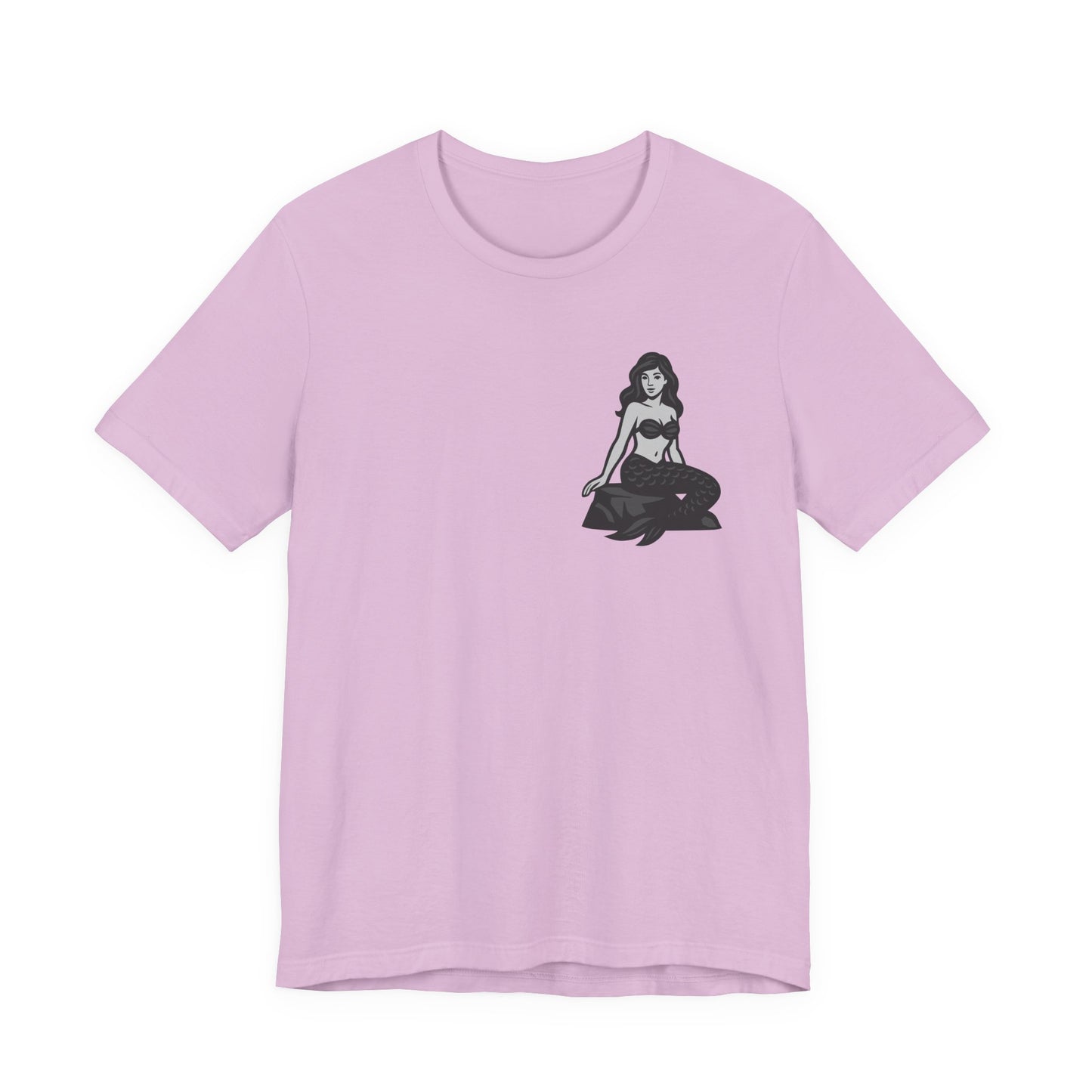 Mermaid Graphic T-Shirt – Dark Theme Grayscale Siren on Rock Design on Black Tee with Fantasy Vibes and Modern Ghost Effect. Unisex Jersey Short Sleeve Tee
