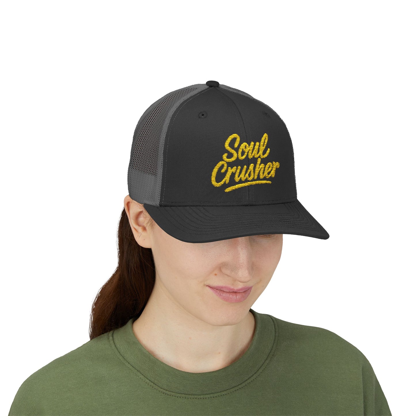 Soul Crusher Trucker Hat – Clean Script Hat with Bold Edge for Heartbreakers, Villains, and Power Moves. Yellow Letters