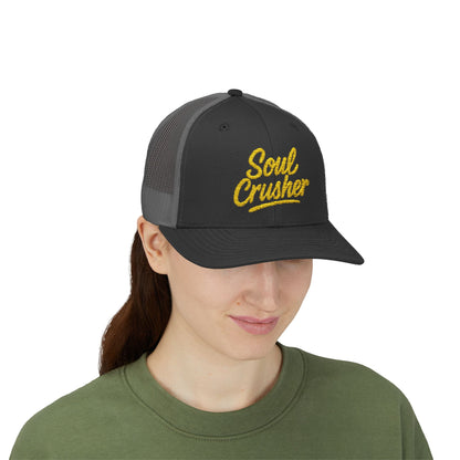 Soul Crusher Trucker Hat – Clean Script Hat with Bold Edge for Heartbreakers, Villains, and Power Moves. Yellow Letters
