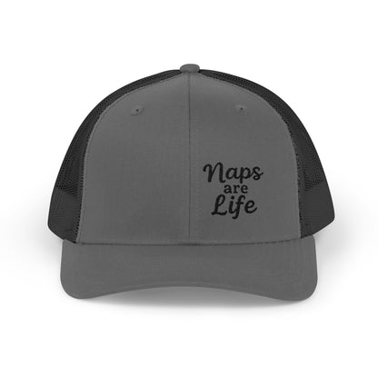 Naps Are Life Trucker Hat – Embroidered Funny Hat for Pro-Level Nappers. Black Letters