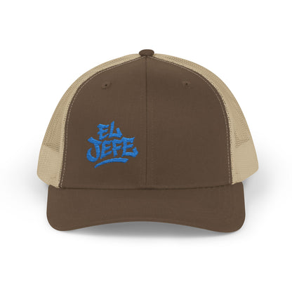 El Jefe Trucker Hat – Embroidered Bold Text Hat for Boss Energy, Leadership Style, and Latin Flair. Blue Letters