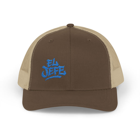 El Jefe Trucker Hat – Embroidered Bold Text Hat for Boss Energy, Leadership Style, and Latin Flair. Blue Letters