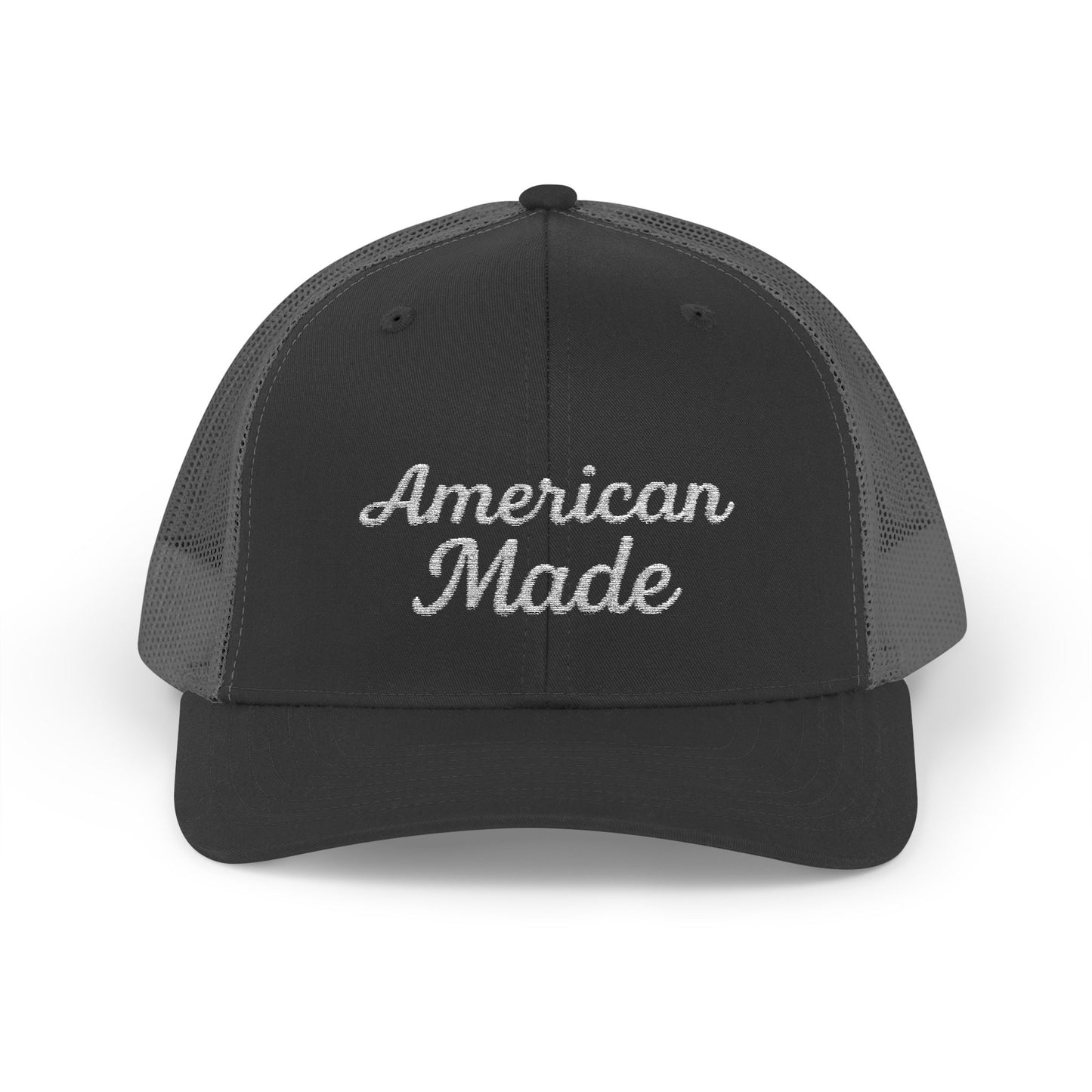 American Made Trucker Hat – Embroidered Patriotic Hat with Retro Script for USA Pride and Everyday Freedom. White Letters