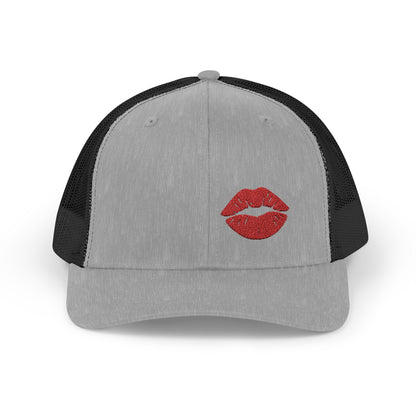 Red Lips Trucker Hat – Embroidered Pop Art Hat with Kiss Design