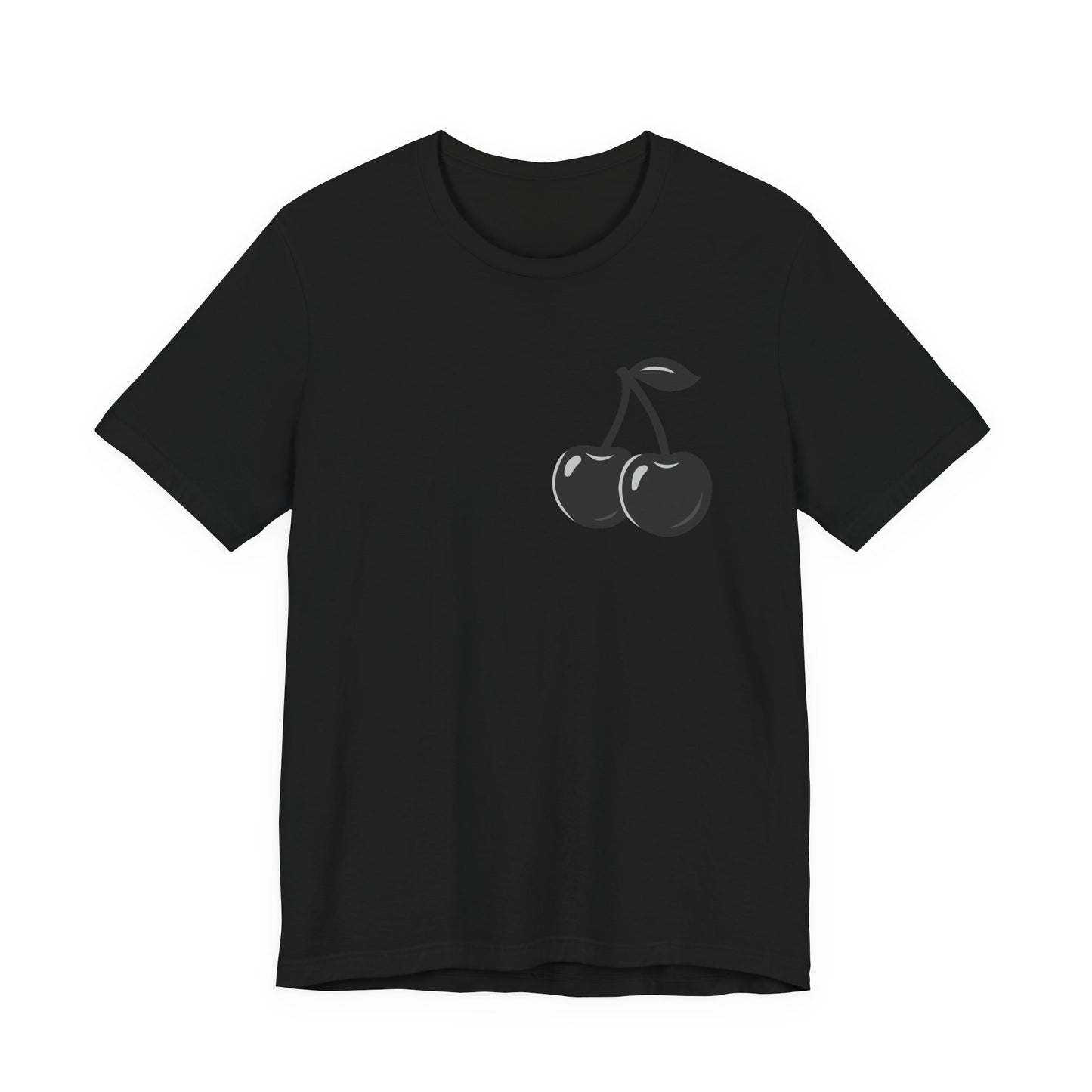Dark Cherry Graphic T-Shirt – Minimal Dark Theme Grayscale Fruit Design on Black Tee with Subtle Style and Modern Ghost Effect. Unisex Jersey Short Sleeve Tee