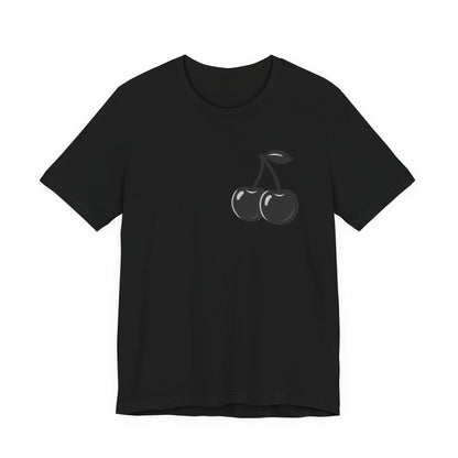 Dark Cherry Graphic T-Shirt – Minimal Dark Theme Grayscale Fruit Design on Black Tee with Subtle Style and Modern Ghost Effect. Unisex Jersey Short Sleeve Tee