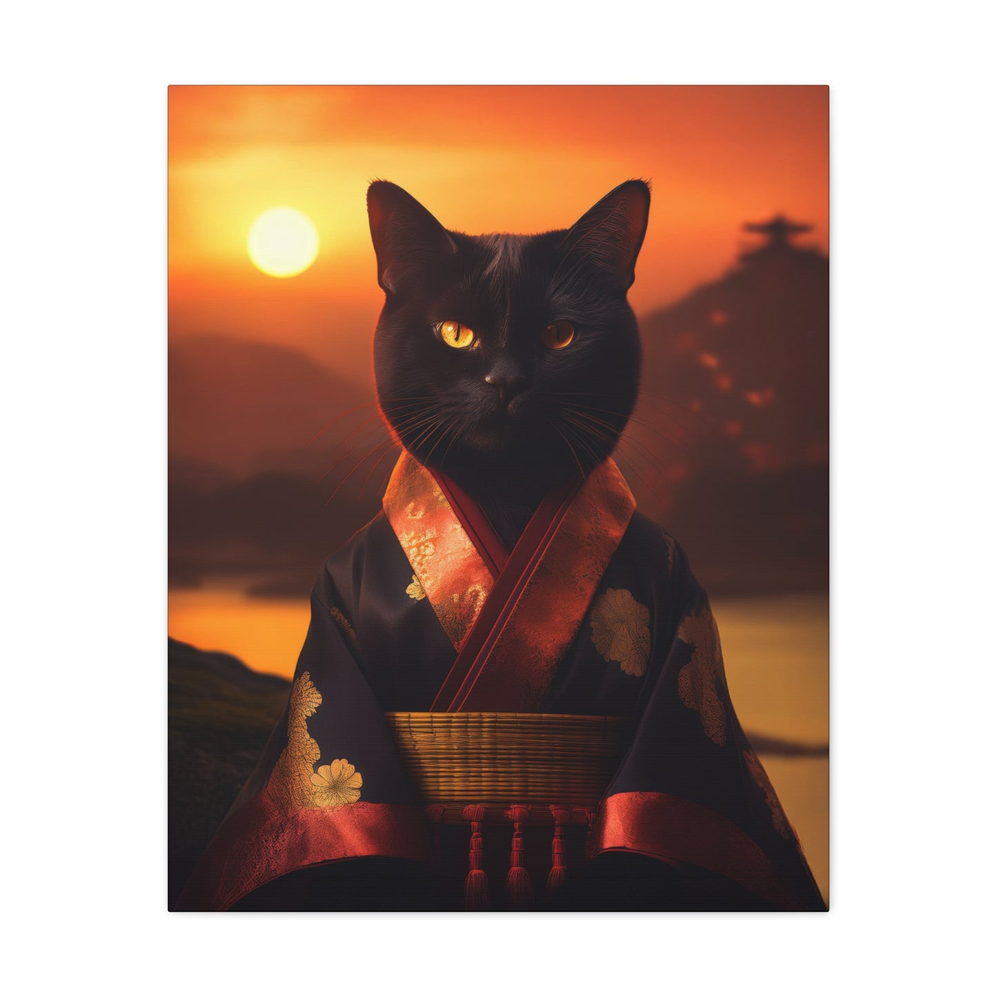 Zen Whiskers: Geisha Cat at Sunset Canvas Art | Stretched Matte Wall Decor 002