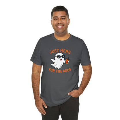 Just Here for the Boos Halloween Shirt – Funny Ghost Drinking Coffee Graphic Tee for Spooky Season