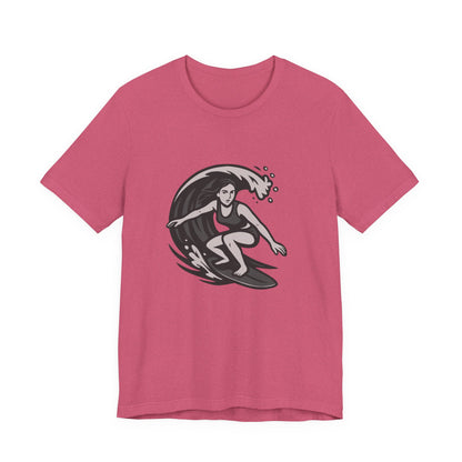Surf Girl Graphic T-Shirt – Dark Theme Grayscale Female Surfer Riding Wave on Black Tee with Flow State Energy and Modern Ghost Effect. Unisex Jersey Short Sleeve Tee