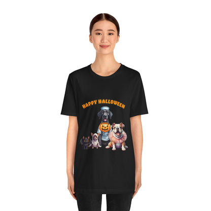 Happy Halloween Pet Parade Shirt – Cute Halloween Dogs and Cat in Costumes. Unisex Jersey Short Sleeve Tee