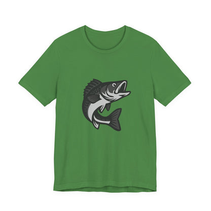 Walleye Fishing Graphic T-Shirt – Dark Theme Grayscale Freshwater Game Fish Design on Black Tee with Angler Energy and Modern Ghost Effect. Unisex Jersey Short Sleeve Tee
