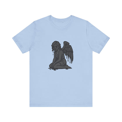 Fallen Angel Dark Theme Graphic T-Shirt – Dark Grayscale Crying Angel Design on Black Tee with Gothic Mood and Modern Ghost Effect. Unisex Jersey Short Sleeve Tee