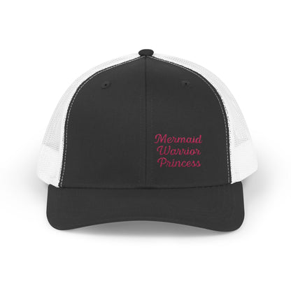 Mermaid Warrior Princess Trucker Hat – Embroidered Bold Text Hat for Magical Queens. Pink Letters
