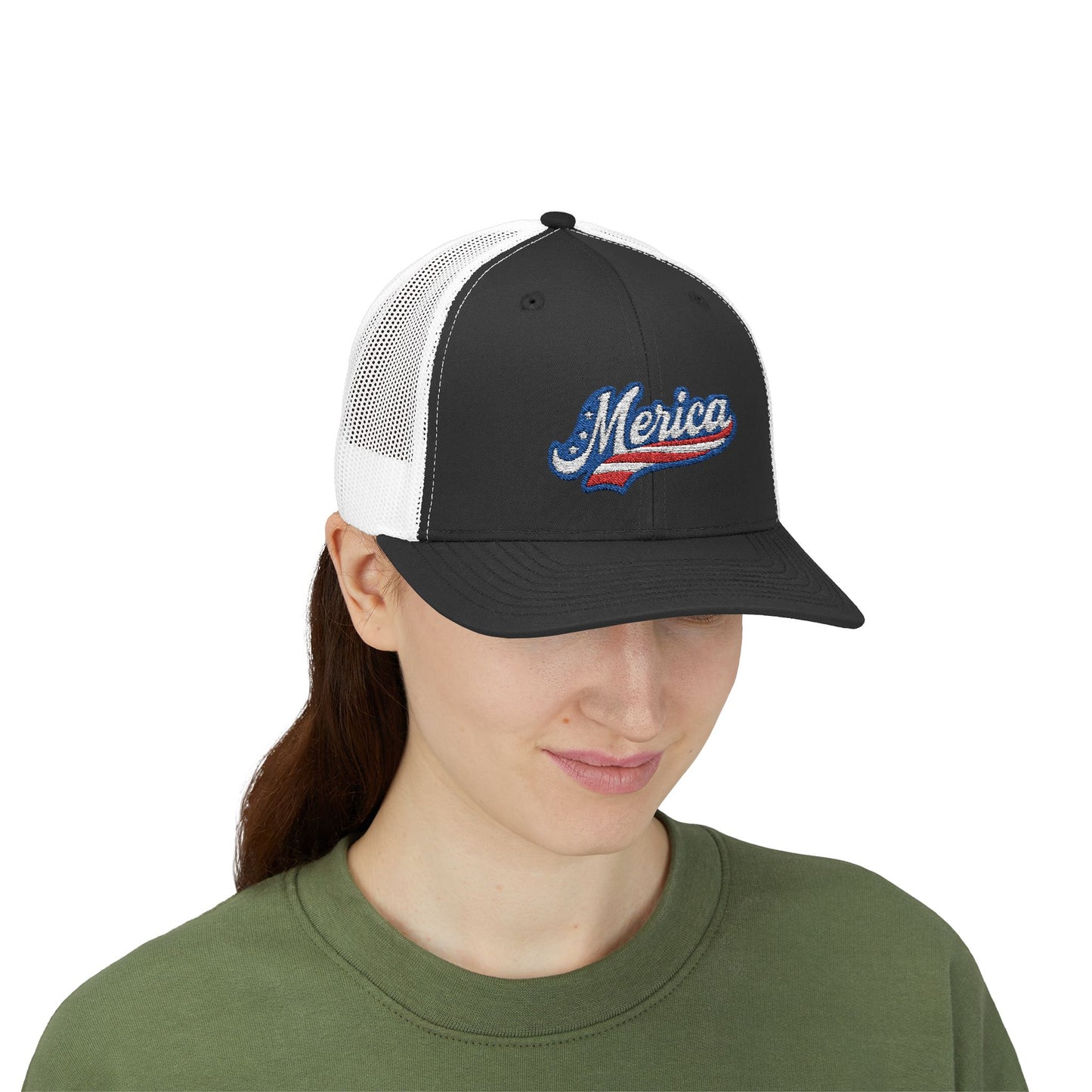 Merica Trucker Hat – Patriotic Embroidered Hat with Vintage Sports Style