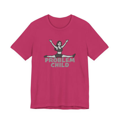 Problem Child Graphic Tee Cheerful Rebel Jump Pose in Bold Dark Theme Monochrome Style. Unisex Jersey Short Sleeve Tee