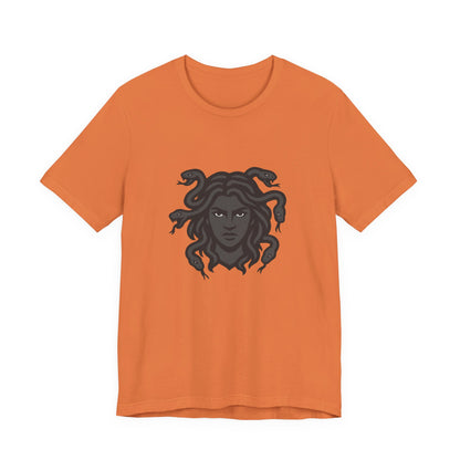 Medusa Graphic T-Shirt – Dark Theme Grayscale Snake-Haired Gorgon Design on Black Tee with Dark Myth Vibe and Modern Ghost Effect. Unisex Jersey Short Sleeve Tee