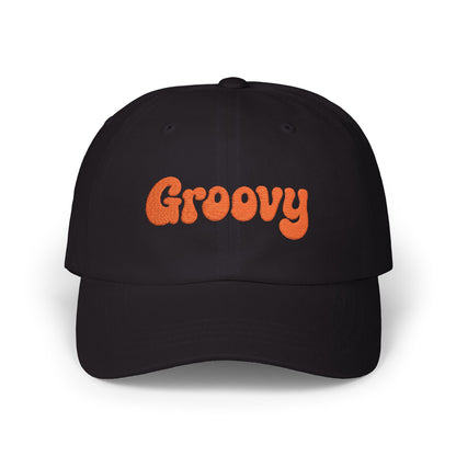 Groovy Classic Dad Hat – Retro Embroidered Hat with 70s Style Font for Funky Vibes, Chill Days, and Vintage Cool. Orange Letters