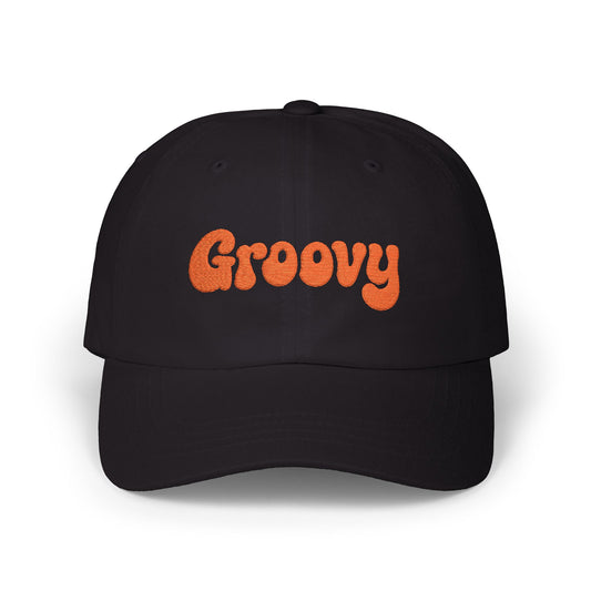 Groovy Classic Dad Hat – Retro Embroidered Hat with 70s Style Font for Funky Vibes, Chill Days, and Vintage Cool. Orange Letters