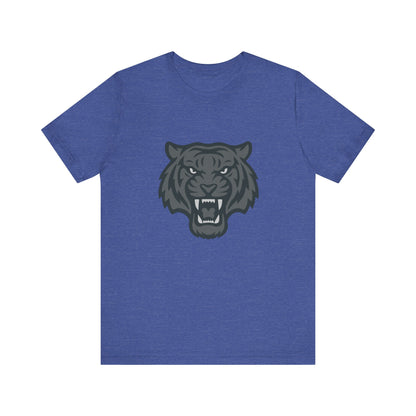 Tiger Head Graphic T-Shirt – Dark Theme Grayscale Roaring Beast Design on Black Tee with Fierce Focus and Modern Ghost Effect. Unisex Jersey Short Sleeve Tee