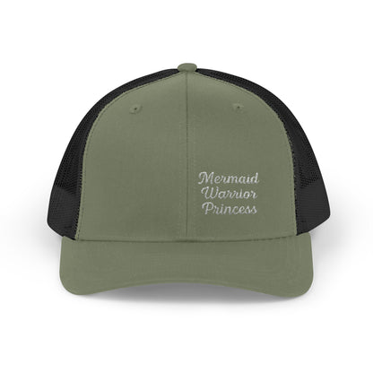Mermaid Warrior Princess Trucker Hat – Embroidered Bold Text Hat for Magical Queens. White Letters