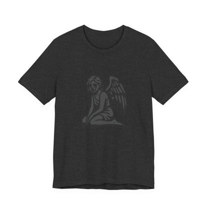 Fallen Angel Dark Theme Graphic T-Shirt – Dark Grayscale Crying Angel Design on Black Tee with Gothic Mood and Modern Ghost Effect. Unisex Jersey Short Sleeve Tee