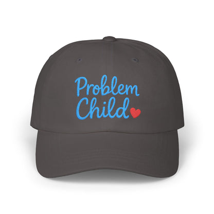 Problem Child Embroidered Classic Dad Hat – Bold Script Baseball Hat with Red Heart for the Unruly and Unapologetic. Blue Letters