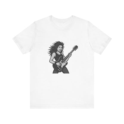 Rock Guitar Girl Graphic T-Shirt – Dark Theme Grayscale Electric Guitarist Design on Black Tee with Music Attitude and Modern Ghost Effect. Unisex Jersey Short Sleeve Tee
